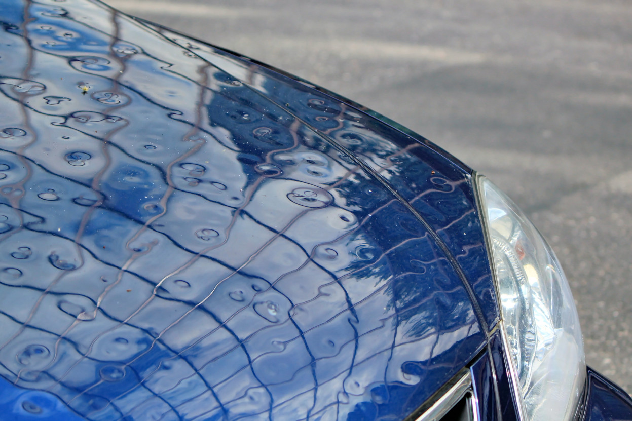 hail damaged blu car